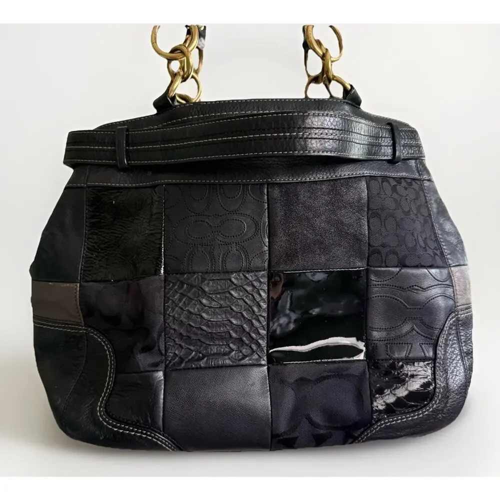 Vtg COACH HAMPTONS BLACK PATCHWORK LEATHER CARRYALL TOTE BAG PURSE HANDBAG RARE